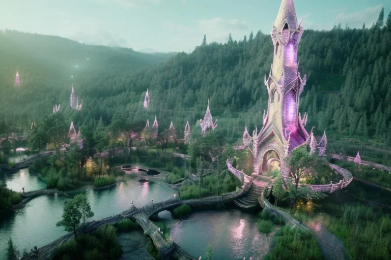 Immersive​ Magical fantasy elven town city tower forest rivendell tree flower pink green yellow beautiful nature river 4k full hd