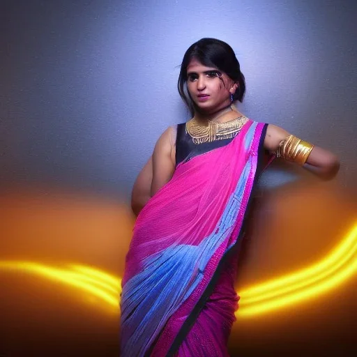 full body photo of a girl in saree in dark room with neon light ,hyperrealistic,detailed,8k,cinematic