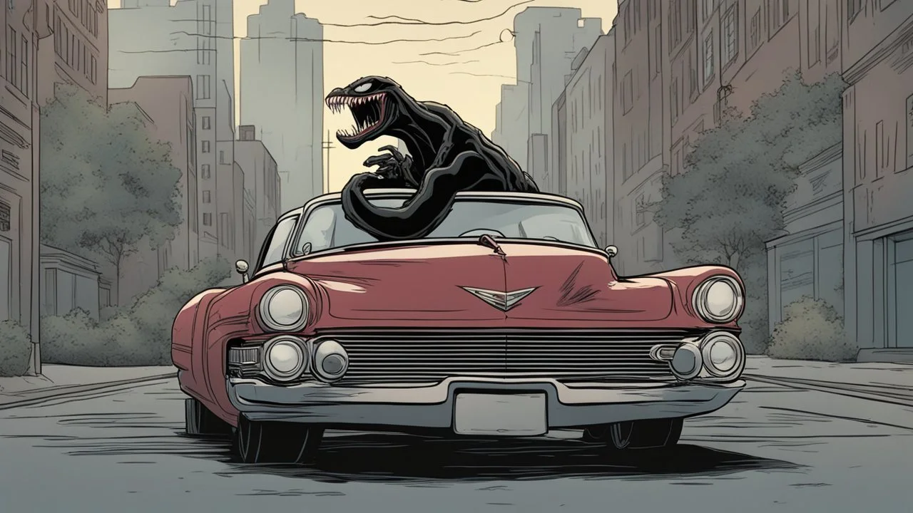 Cartoon venom in cadillac in dawn