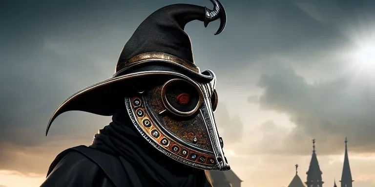 apocalypse, chaotic, magnificent, realistic, colorful, massive, epic, ray tracing, cinematic, 8k, HD, Ultra High Definition, photo film, film grain, hyper-detailed, old tarnished ornate rusty Hyper detailed Gothic Plague Doctor Mask