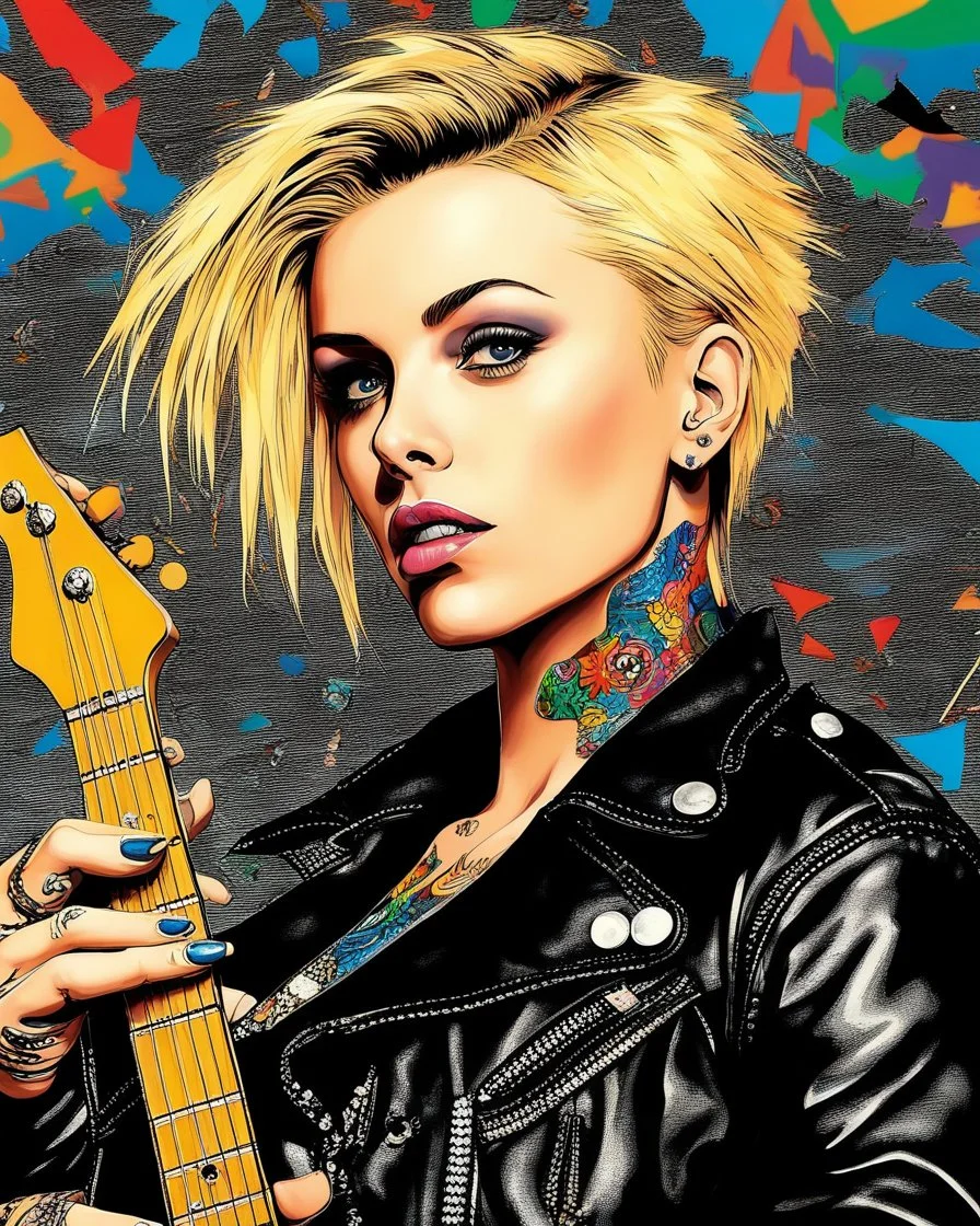"Midnight Serenade unique" low view angle shot down village road , large close up a beautiful young blonde woman with a tattoos and punk style hairstyle wearing a cool black leather jacket like rocker style and holding a guitar, granite terrazzo motifs with puzzle modern clothing is decorated with colorful filigree abstract, Collage chutes papiers magazines,Spirograph background by Nisa Kiley, Textile Artist