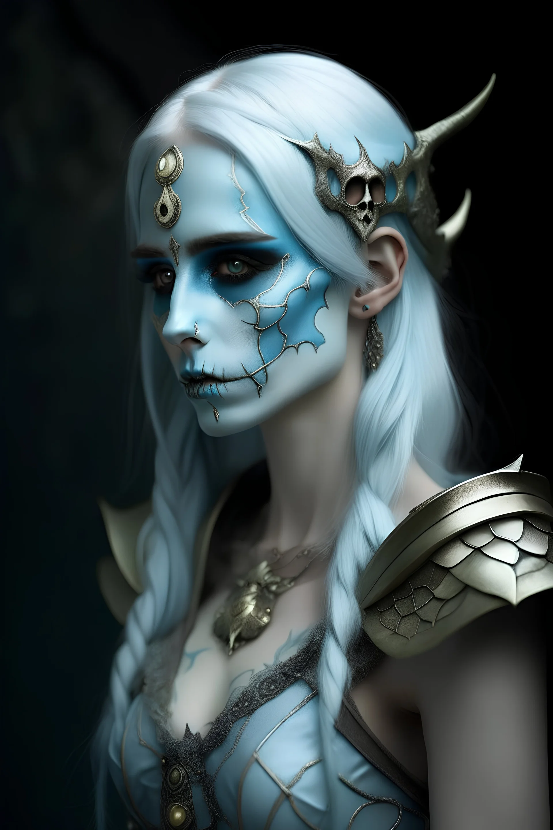 urban fantasy, woman, elf, noble, costume, skull mask, Light blue skin color