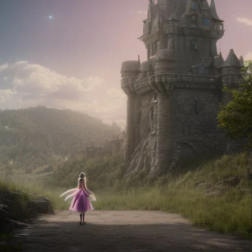 fairy tail castle with girl and wolf in the foreground