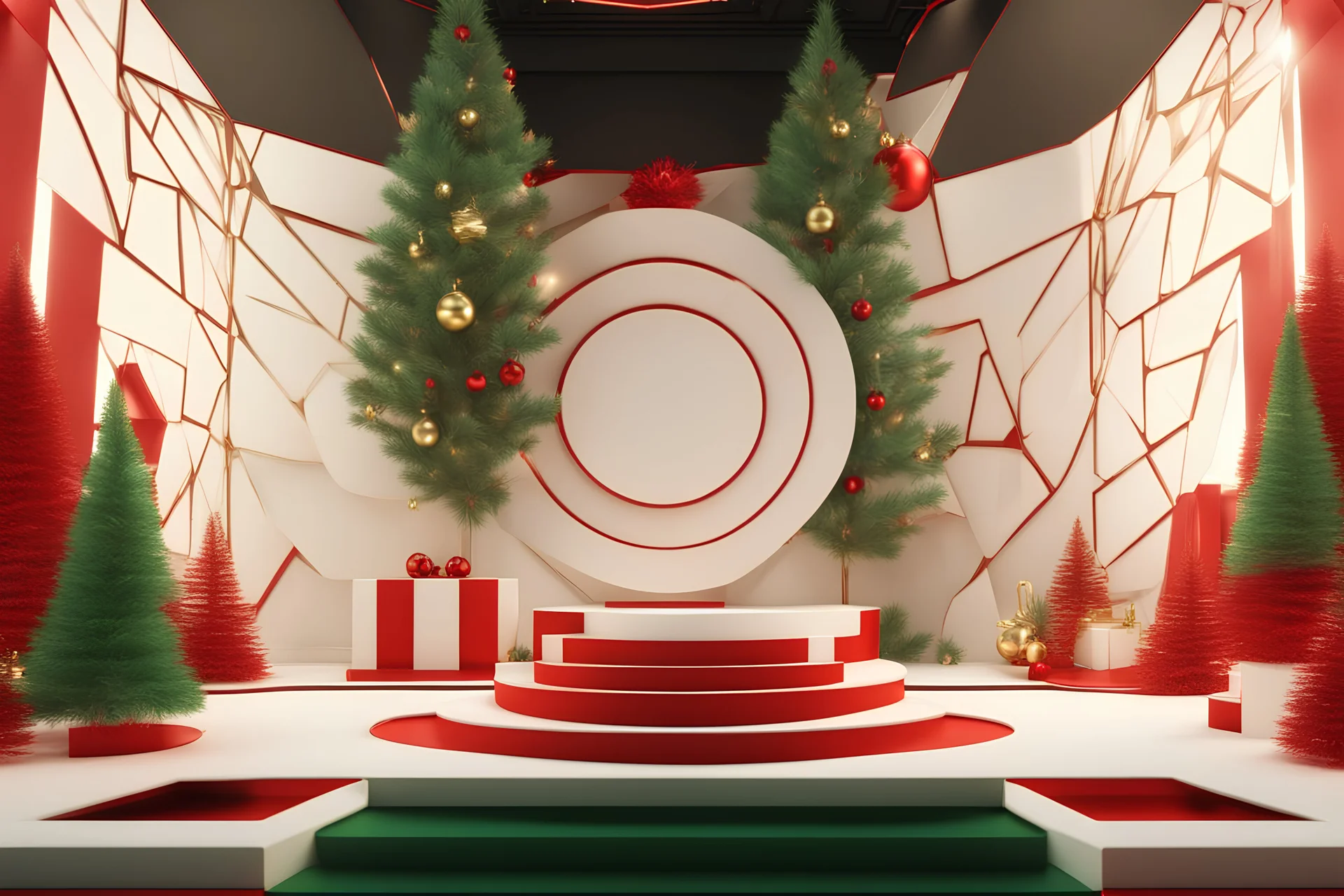 (ivory, black, gold, green, red) Cyberpunk Christmas 3D illustration of 3D Render of red photoframe and podiums. Roman podium white for cosmetic product on background of a New Year tree, a beautiful New Year background, smooth 3d digital art, exquisite thee-dimensional rendering, 4K, blender, c4d, octane render , disney style 3d light, Zbrush sculpt, concept art, Zbrush high detail, pinterest Creature Zbrush HD sculpt, neutral lighting, 8k detail., Cyberpunk glow glowing gifts and New Year