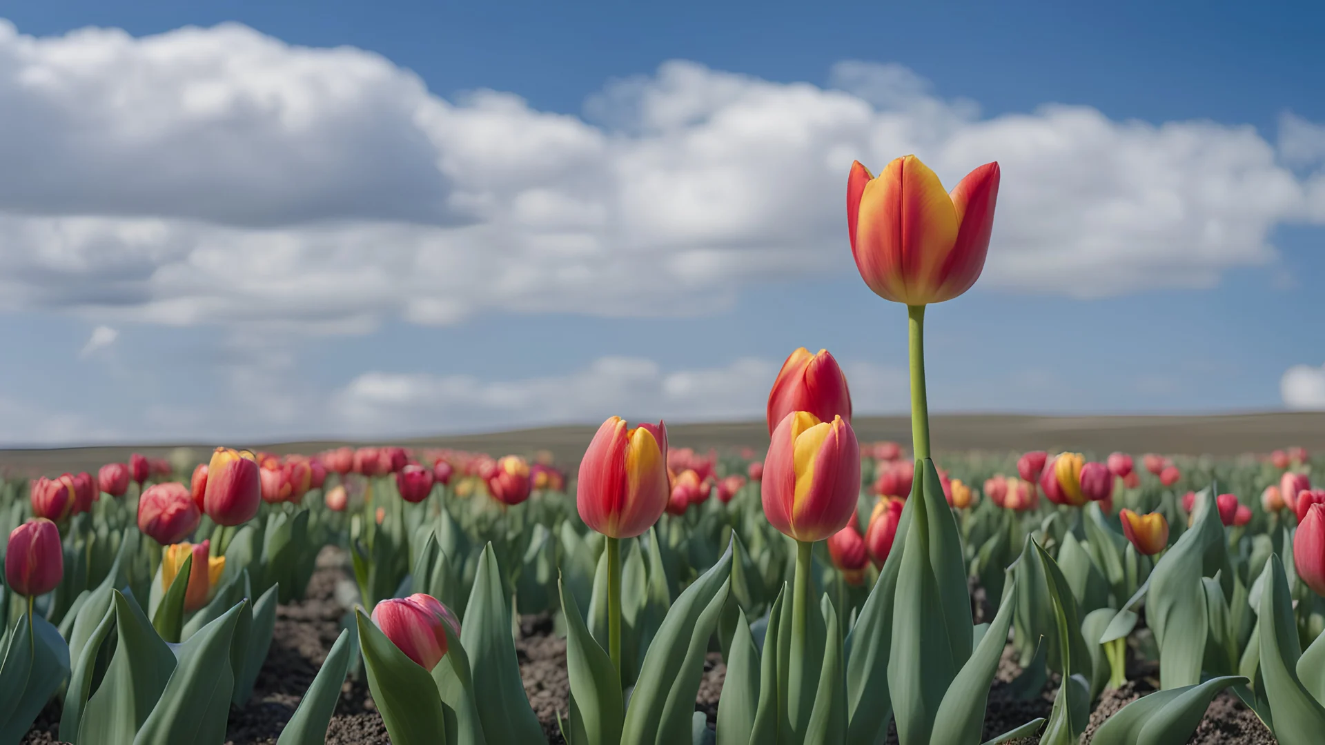 Tulipa, the camera is on the ground, the sky is blue with a few clouds