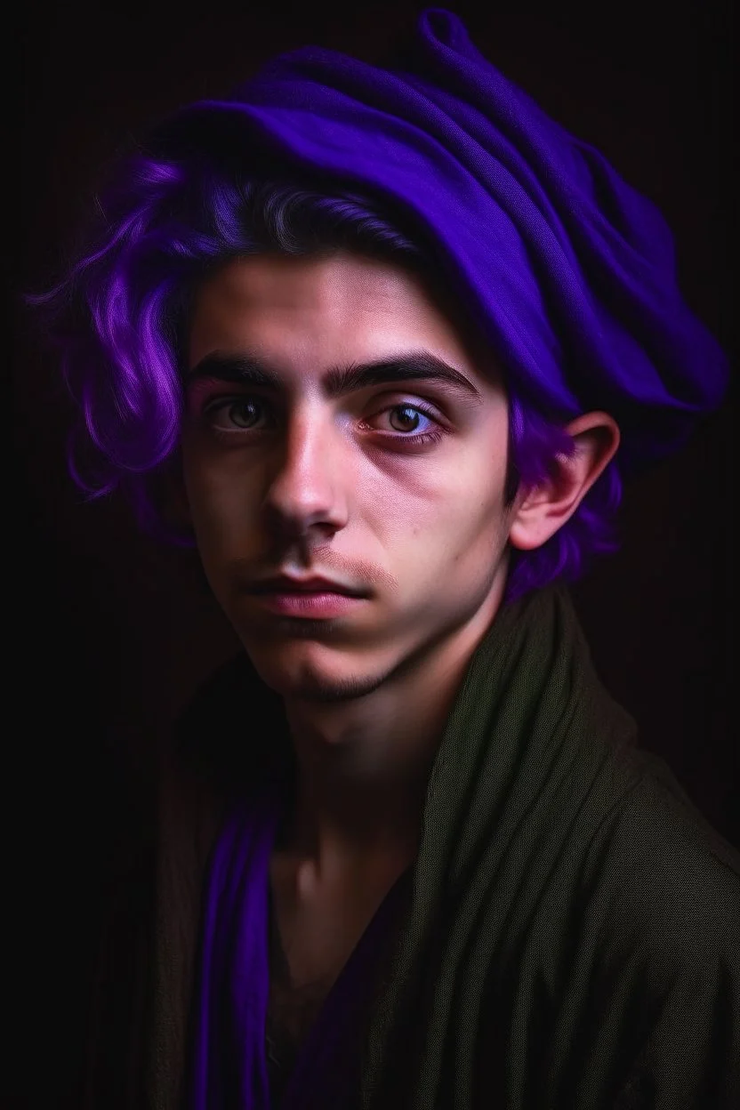 A portrait of a young Elf, a wizard, purple hair, Caravaggio style