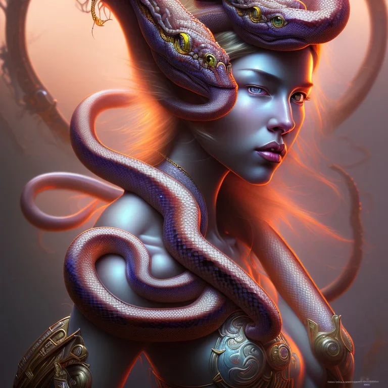 sango fantasy, fantasy magic, intricate, sharp focus, illustration, highly detailed, digital painting, concept art, matte, artgerm and paul lewin and kehinde wiley, masterpiece snake head sexy lady body