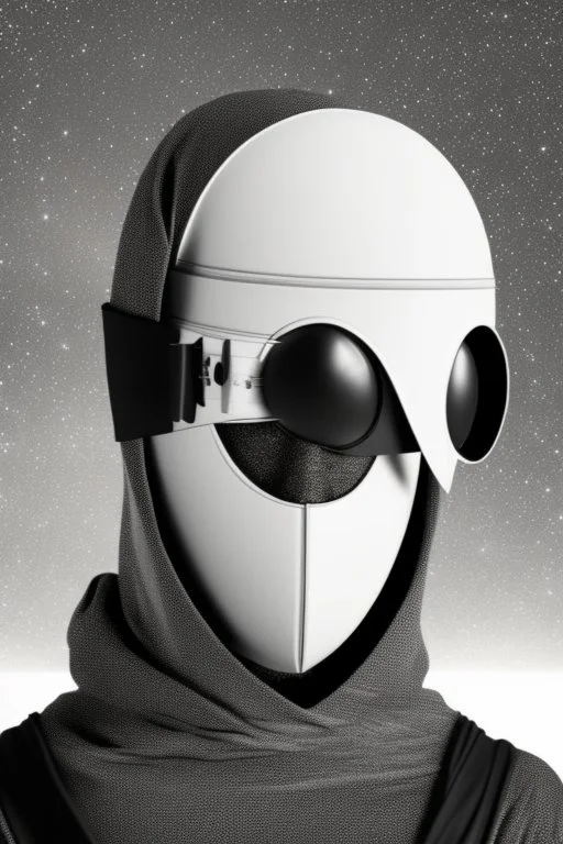 Planet Mercury portrayed as a masked human wearing robes, the right side of the mask is black with open white eye, the left side of the mask is white with closed eye.