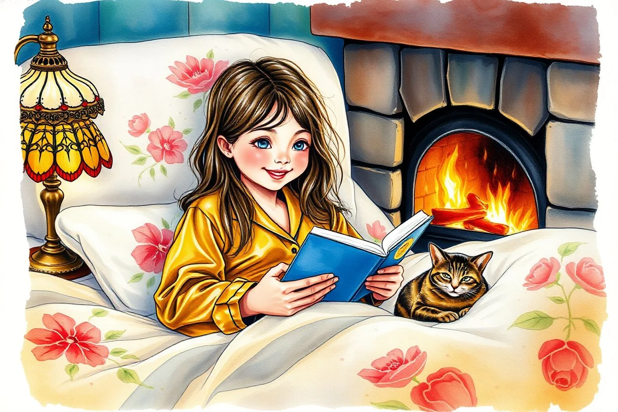 Vibrant sketch and charcoal, shiny metallic effect watercolor, white edges, egy arany-fekete pizsamát viselő kék szemű brunette lány vidáman olvas a hímzett virágos needle felt mohair ágyneműs ágyban, tiffany lámpa a kisasztalon, kandallótűz, cirmos cica fekszik a paplanon, in firelight