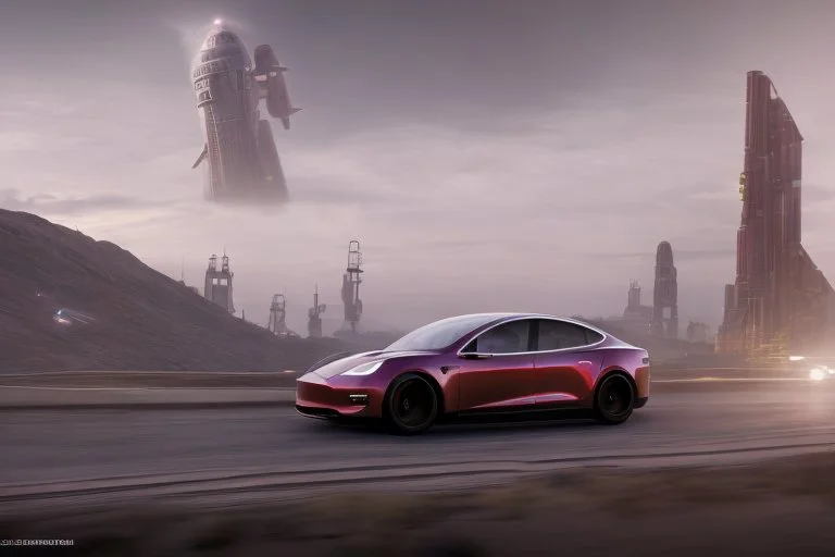 A Tesla 'Model Y' is racing at top speed, in the 'Cloud City' of Bespin. CINEMATIC. WIDE ANGLE LENS. PHOTO REAL.