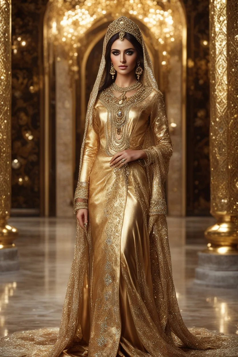 Fullbody gorgeous photography HD ultra realistic natural skin beauty of young arabian woman, dressing traditional gown beautiful, shiny hard eyes, make up, shiny baubles, ornate, large gemstones, shiny molten golden metalics, shiny wire filigree, luxury dress,luxury jewelry diamonds background,brown hair, high definition, high res,establishing shot