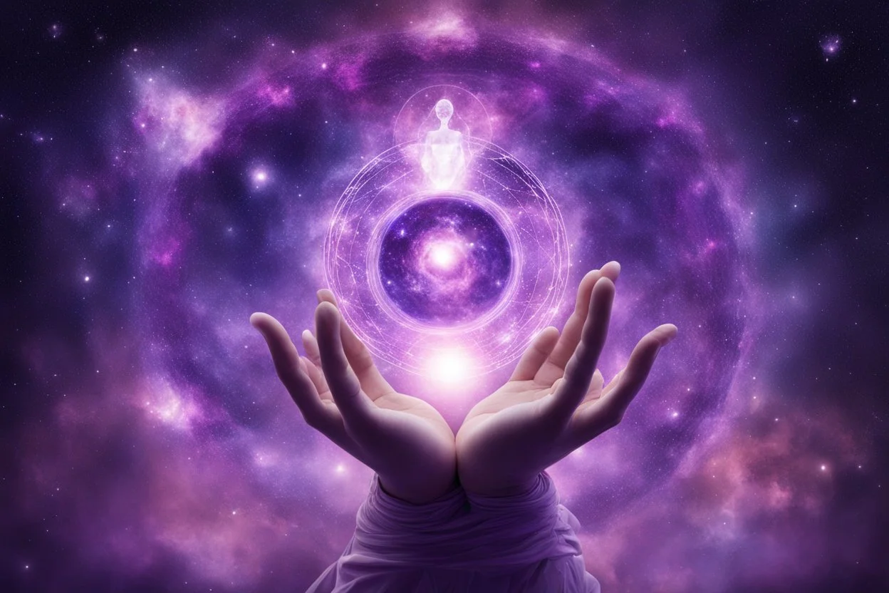 kundalini, connected to the universe, purple galaxy, holding universes in hands