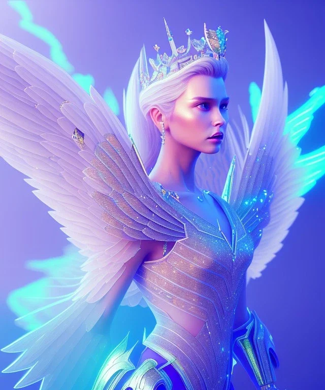 A crystalised queen, atmospheric, realistic, unreal engine, cinematic lighting, octane render. blue, pink, transparency, light, shine,bright, full body, transparent wings, blonde, long hair, nice smile