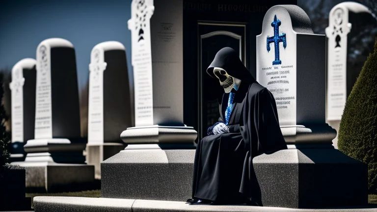 photo of a hoodless grim reaper wearing a suit, highlighting shiny areas of the skull, sitting outside a cemetery with a welcome sign, wearing suit, rim lighting, studio lighting, looking at the camera, dslr, ultra quality, sharp focus, tack sharp, dof, film grain, Fujifilm XT3, crystal clear, 8K UHD, clean, orange evening lighting