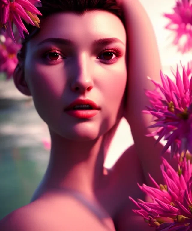 Realistic detailed perfect face portrait of a insane young beautiful woman top model in short open dress. Sensual, volumetric lighting, Unreal Engine 5, 3D Animation Quality, Octane Rendering. A masterpiece. There are water, flowers, vivid colors.