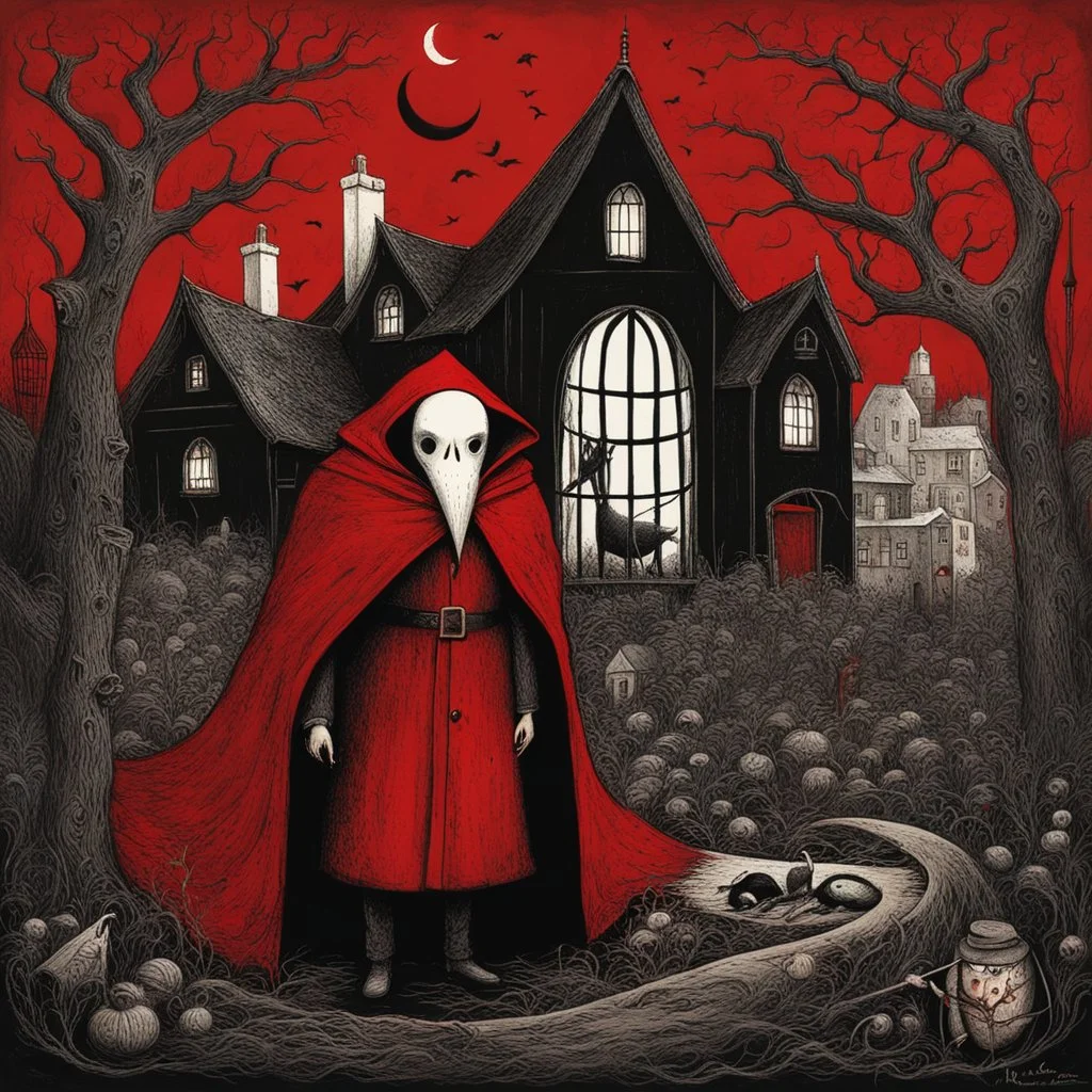 color Ink illustration by Alexander Jansson, heavily inspired by the unsettling symbolism of Edward Gorey, depicting a cleaving sickle born out of popular culture, a voracious harvesting of consumerism, red and black color scheme dominating the artwork, line art punctuating the grim narrative, detailed sketch, chilling motifs, dramatic linework, textured surface, ominous representation, unsettling, offbeat social critique.