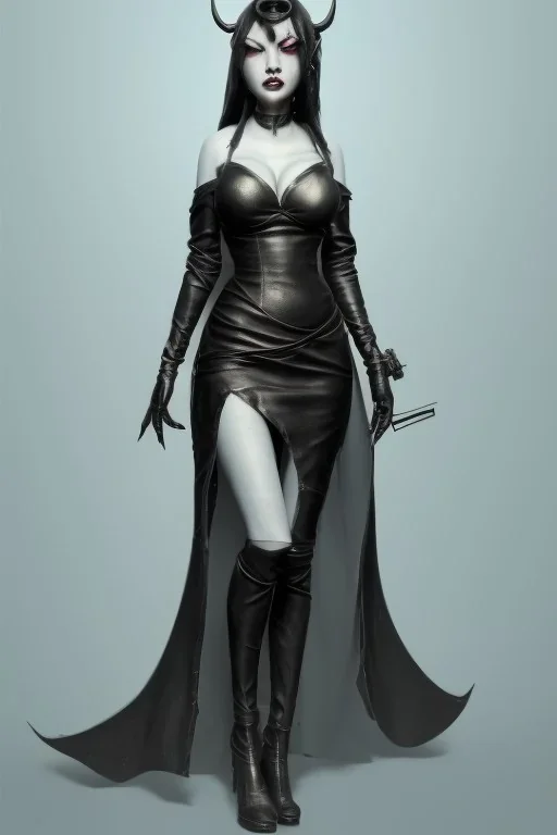 Mari Blanchard in a black leather gown, evil, femme fatale, villain, leather, busty, cleavage, angry, stern look. character design by cory loftis, fenghua zhong, ryohei hase, ismail inceoglu and ruan jia. unreal engine 5, artistic lighting, highly detailed, photorealistic, fantasy