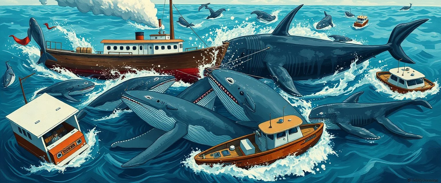 collisions, aggression, ship hitting animals, animals interacting with vehicles, whales near boats, overlapping subjects, chaotic composition, distortion, surreal behavior, violence, confusion, merged objects, cartoon, painting, low realism, watermark, text