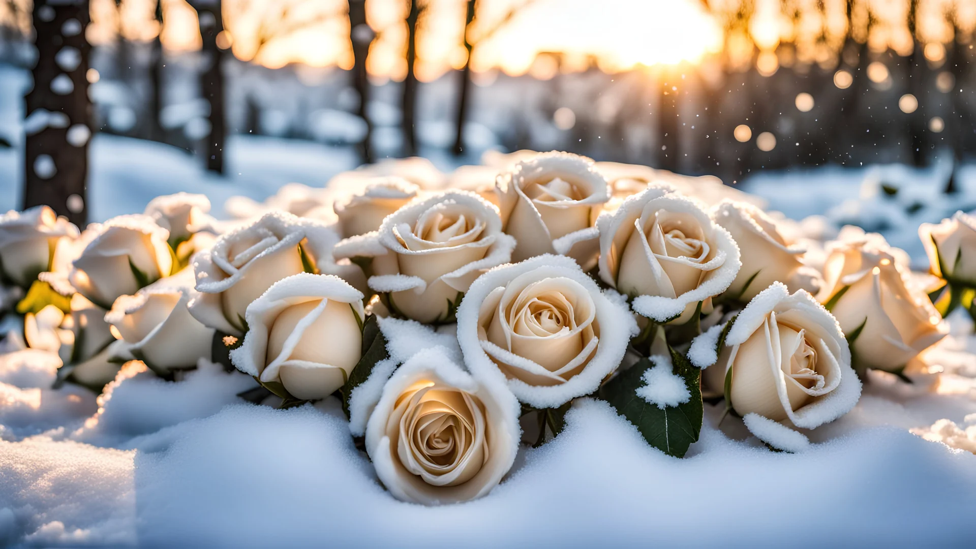 a bed of white roses covered with snow,winning photo, golden hour,ultra - detailed,24k