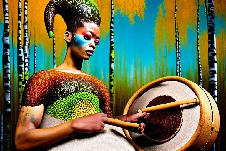 Portrait of a Northern Native Sage. Indigenous, Kekripukki, carries drum made of birch-park, caucasian man, Salvador Dali's style, surreal, surrealistic, body painting, colorful, African style make-up, manga, Japanese role playing, traditional carelian woman dress