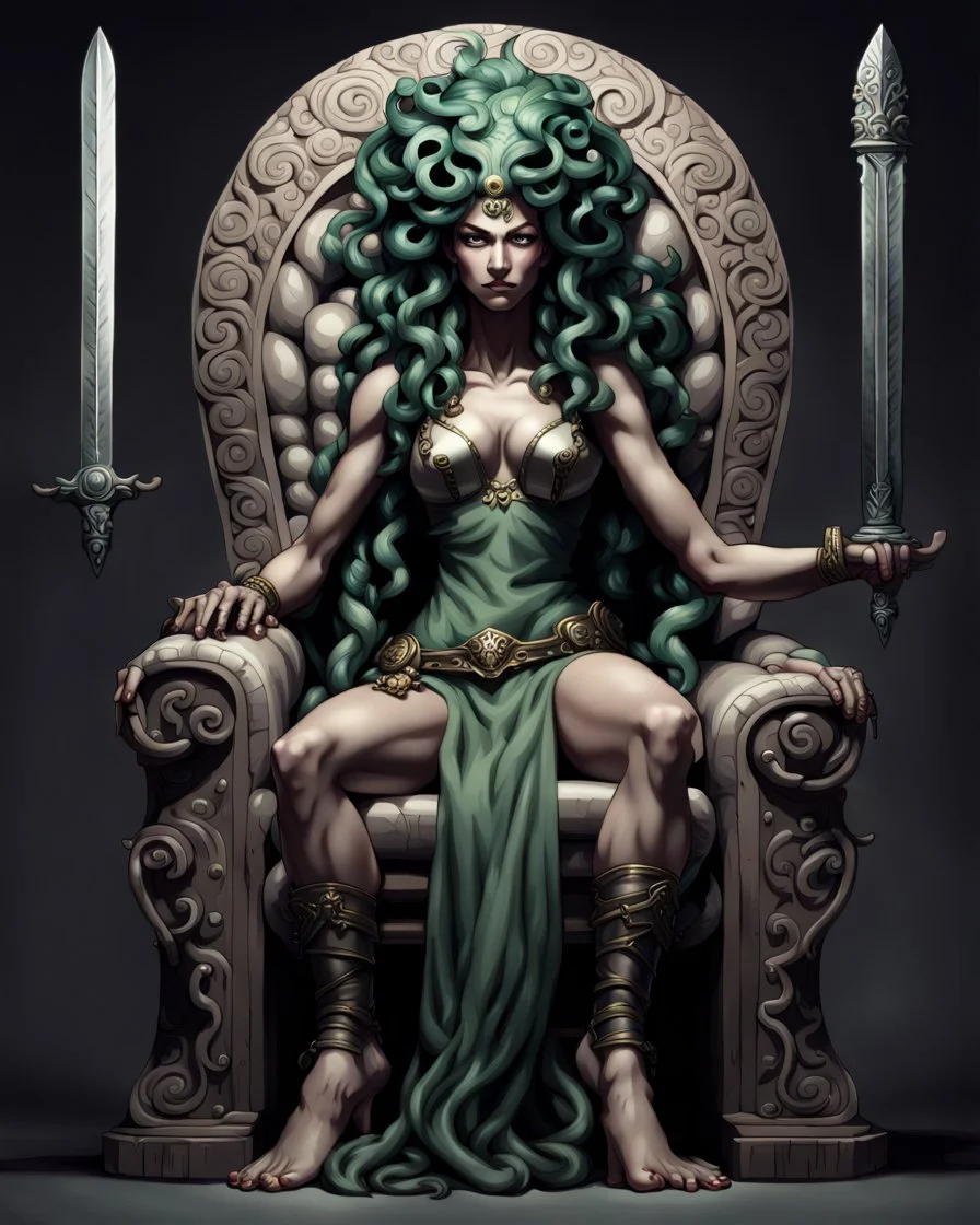 full-length, detailed persona, sword in hand, gorgon medusa, sitting on a throne in a relaxed pose