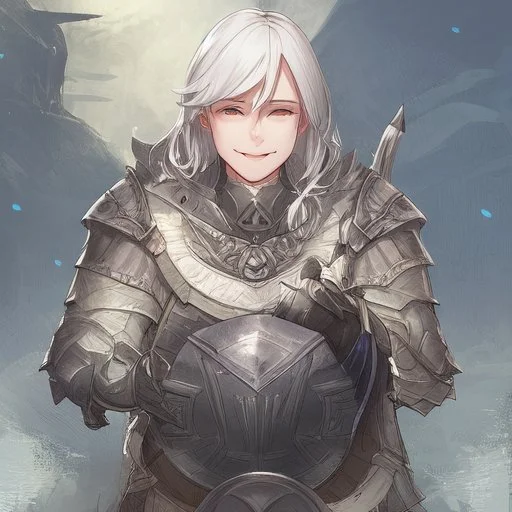 A nord male battlemage from Skyrim, full plate nordic armor, white hair of medium length, hearty, smiling