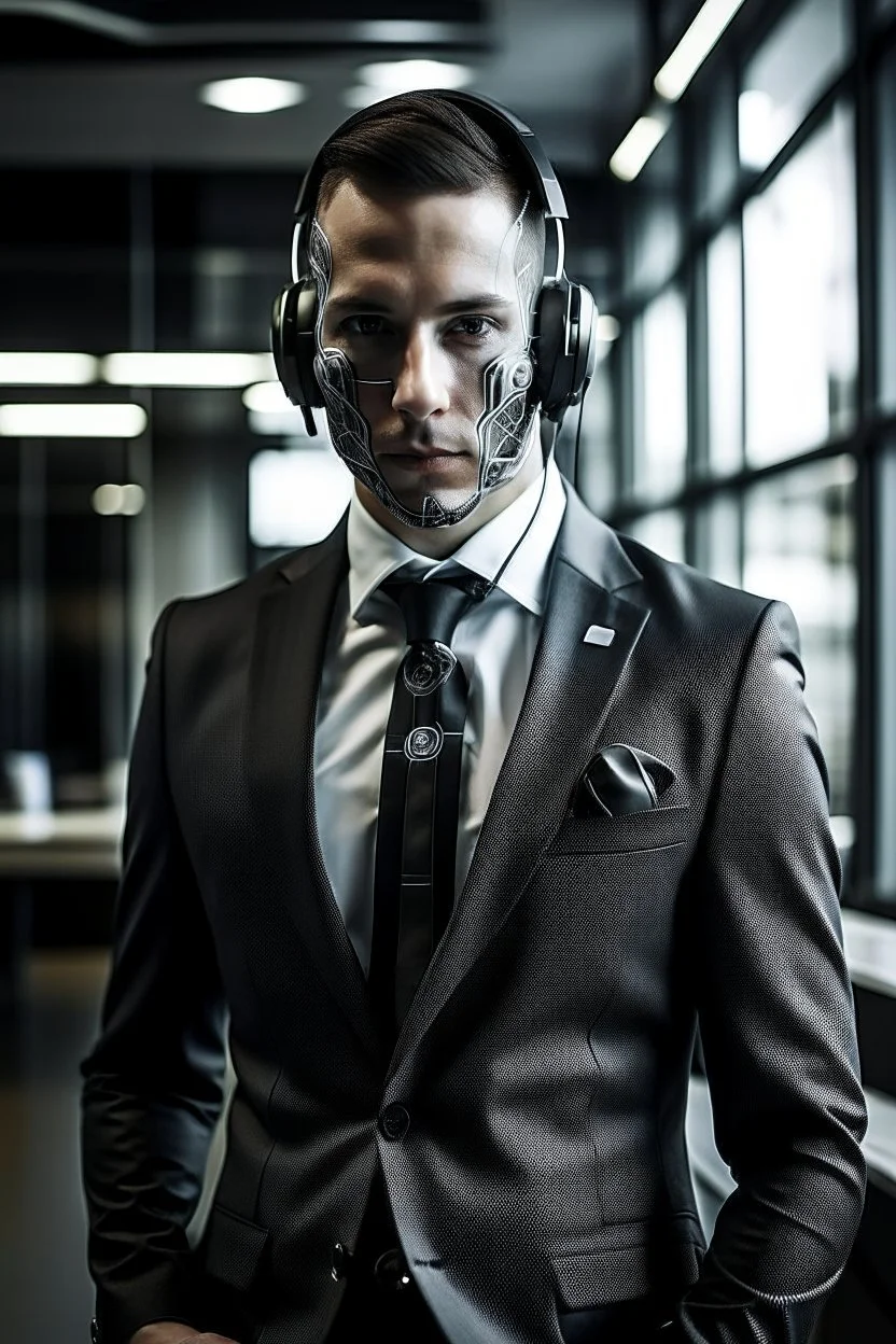 business suit, security headphone, in office, cyborg