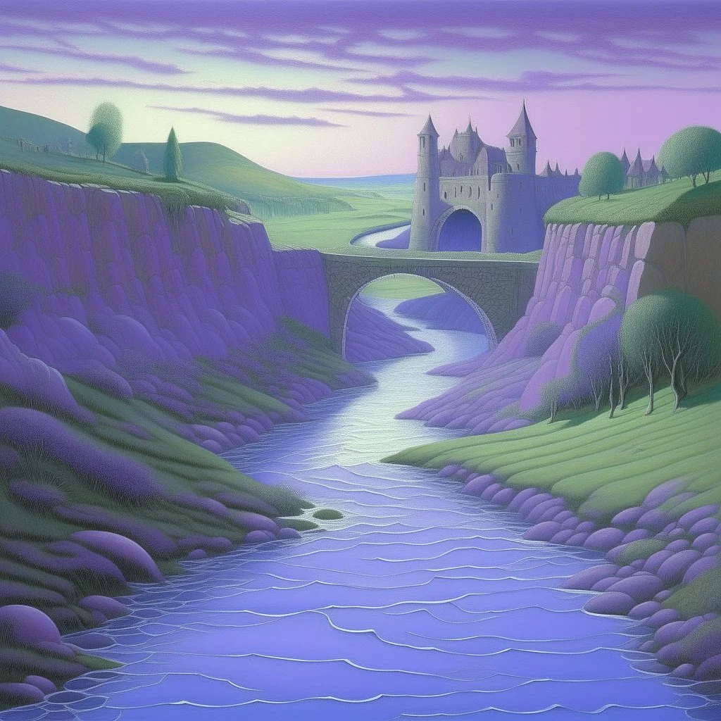 A light purple gorge with a swampy water river painted by the Limbourg brothers