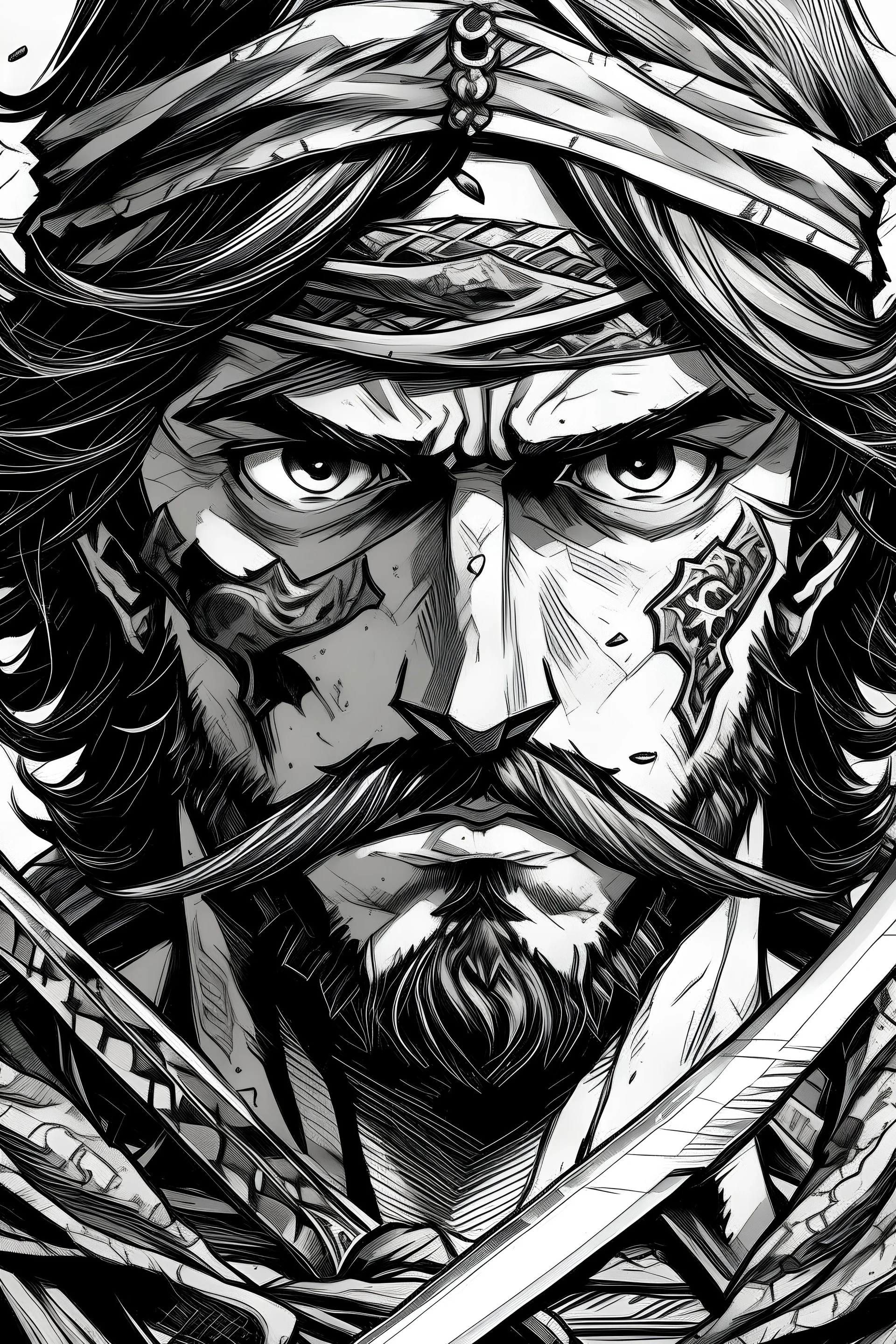 A man with rock eyes and two swords there colours are black and white