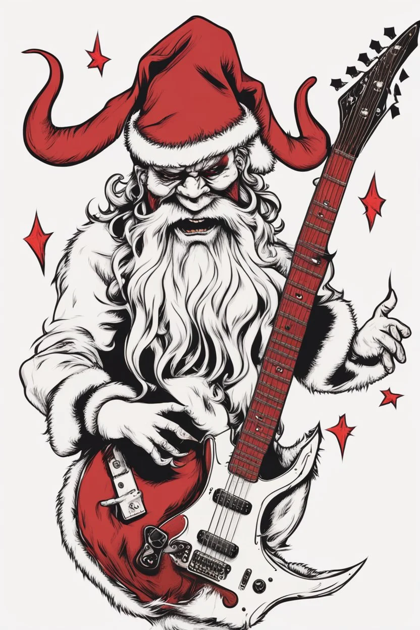 satanic santa claus with devil horns playing electric guitar