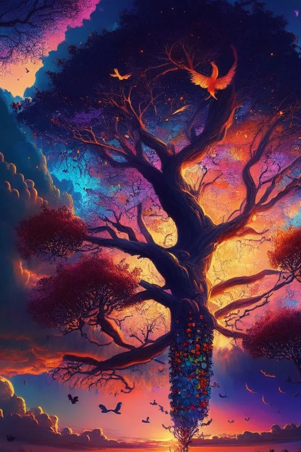 scenic photo of a vibrant Big tree, stretching high above the clouds, its branches adorned with radiant colourful lanterns that lead the way to a hidden realm of celestial vivid spirits. sunset setting, birds and fireflies flying