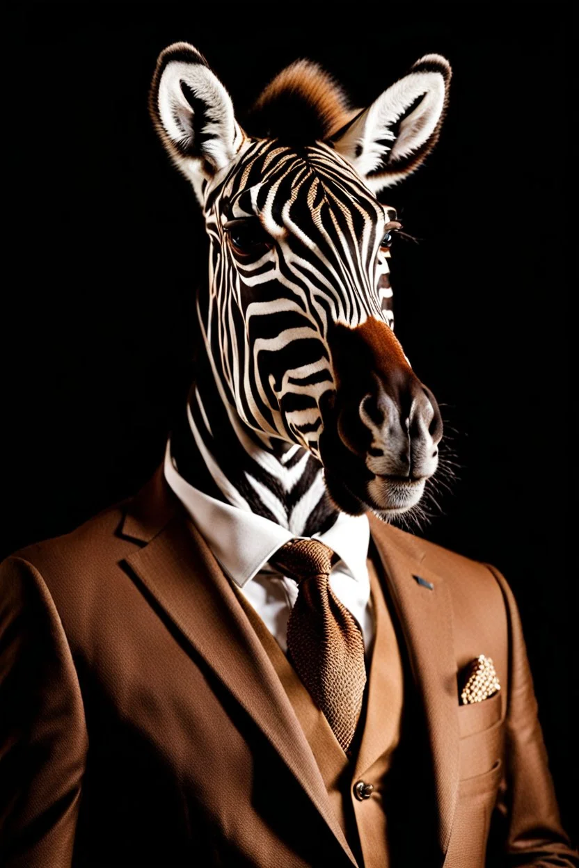 Portrait of an {Zebra} wearing a {brown} suit and sunglasses, {black} color background, realistic photography, shot on Sony dslr camera, Fujifilm --s 250