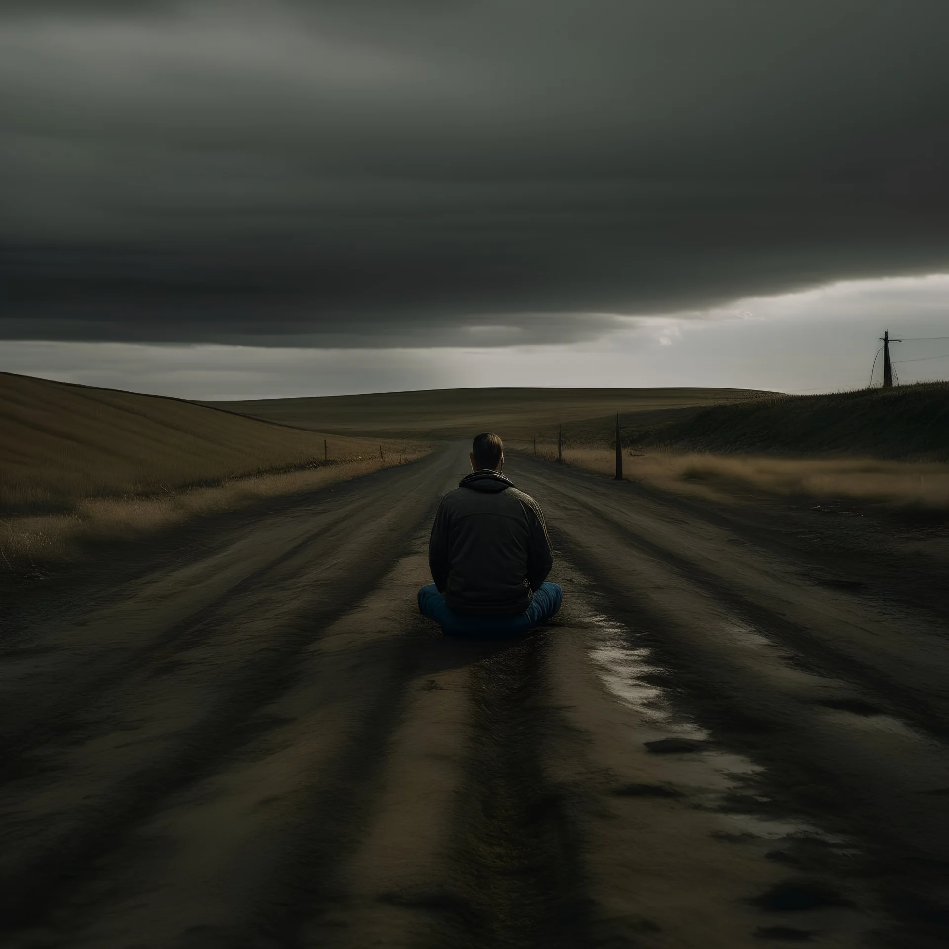 A dark dirt road with a man sitting in the middle, looking straight ahead