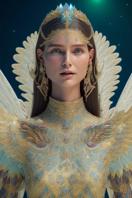 A portrait of a crystalline woman smiling, with wings, mythical,fantasy, magnificent, majestic, very happy, highly intricate, Realistic photography, incredibly detailed, ultra high resolution, 8k, complex 3d render, cinema 4d