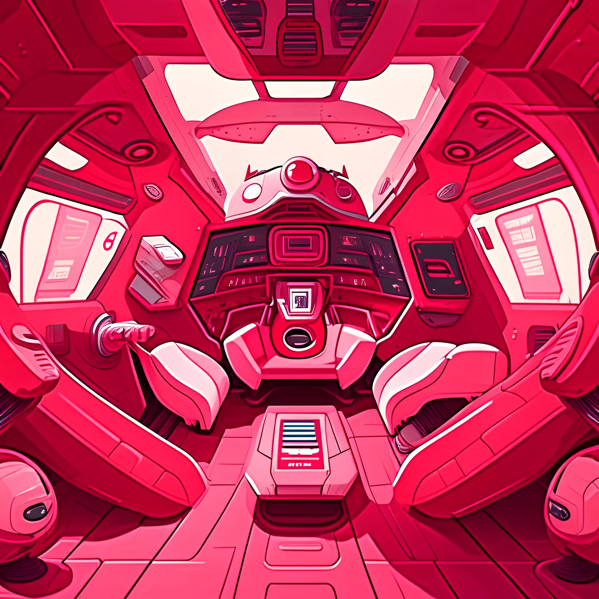 Cartoon futuristic dark red, red, pink, and white spaceship Interior