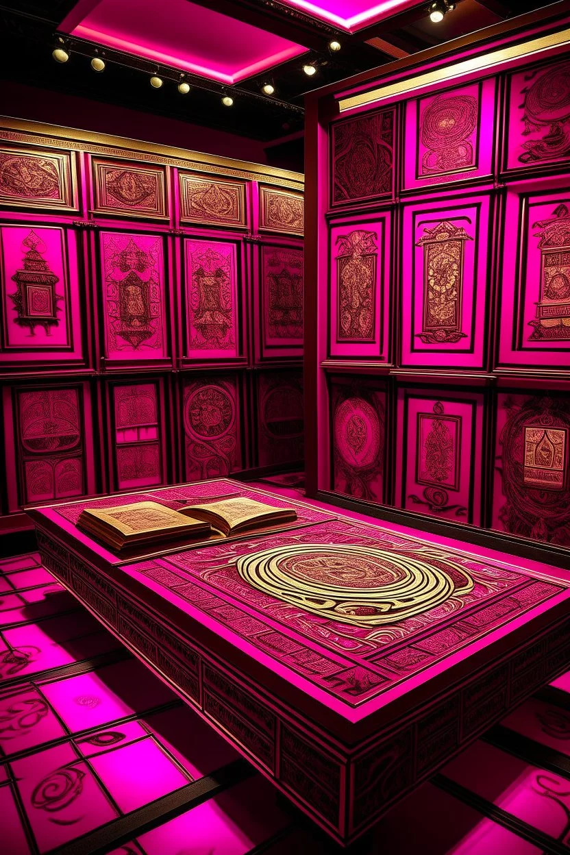 A magenta psychic library with telekinetic books designed in Bayeux tapestry painted by Giovanni Battista Sassi