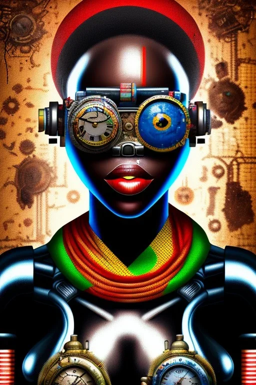 african portrait with rusted varied clocks on face, rust, scaffolding, ghana colours, cyberpunk, high detail