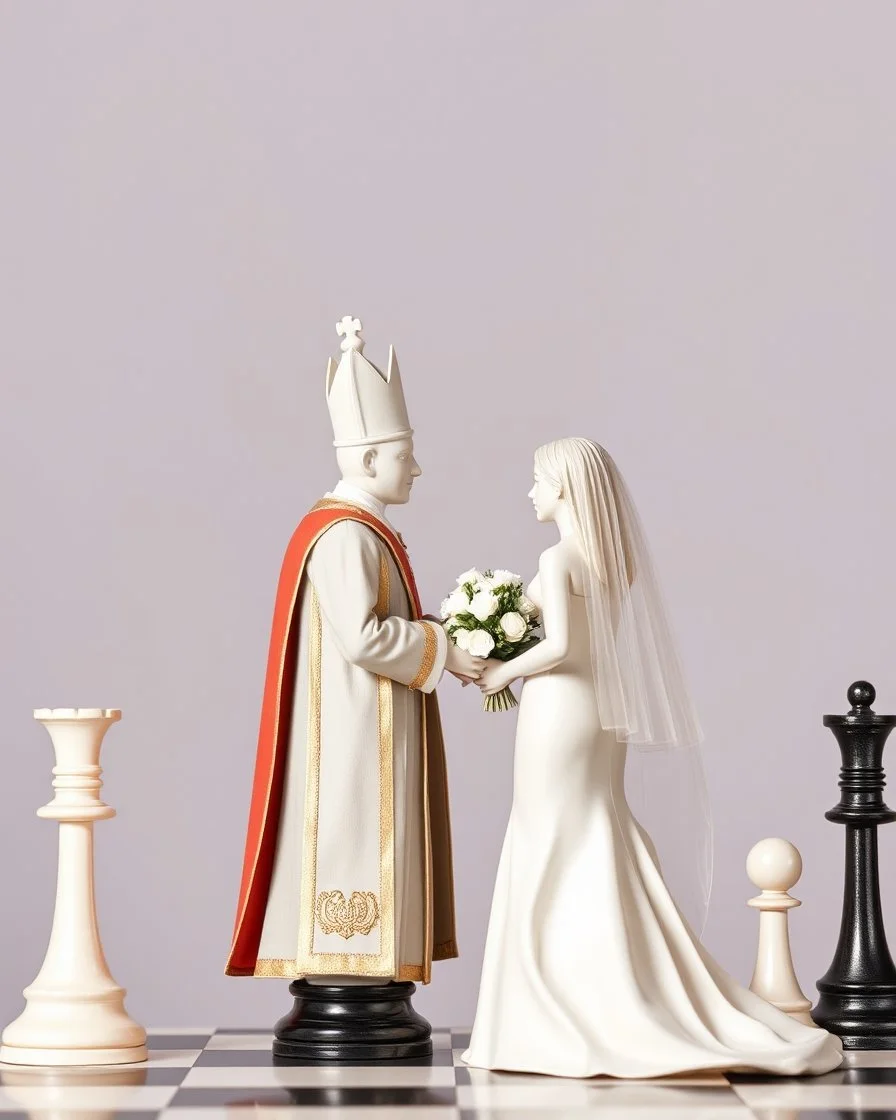 a chess bishop behind a wedding podium, with a chess king and queen getting married