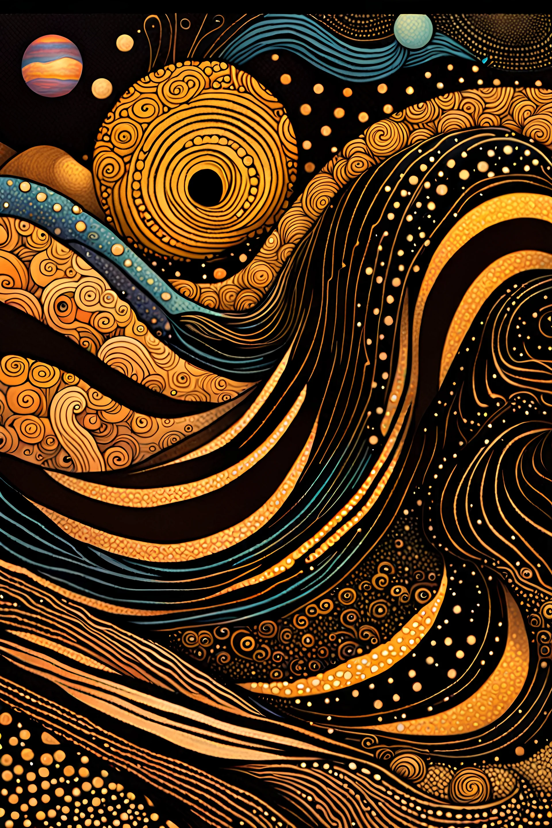 random color Zentangle patterns in the styles of Fumihiro Kato, Rebecca Vincent, Yayoi Kusama, Kiyoshi Awazu and Kay Nielsen that depict rolling hills and flowing rivers, cosmic swirls, dot painting, planets, black and gold