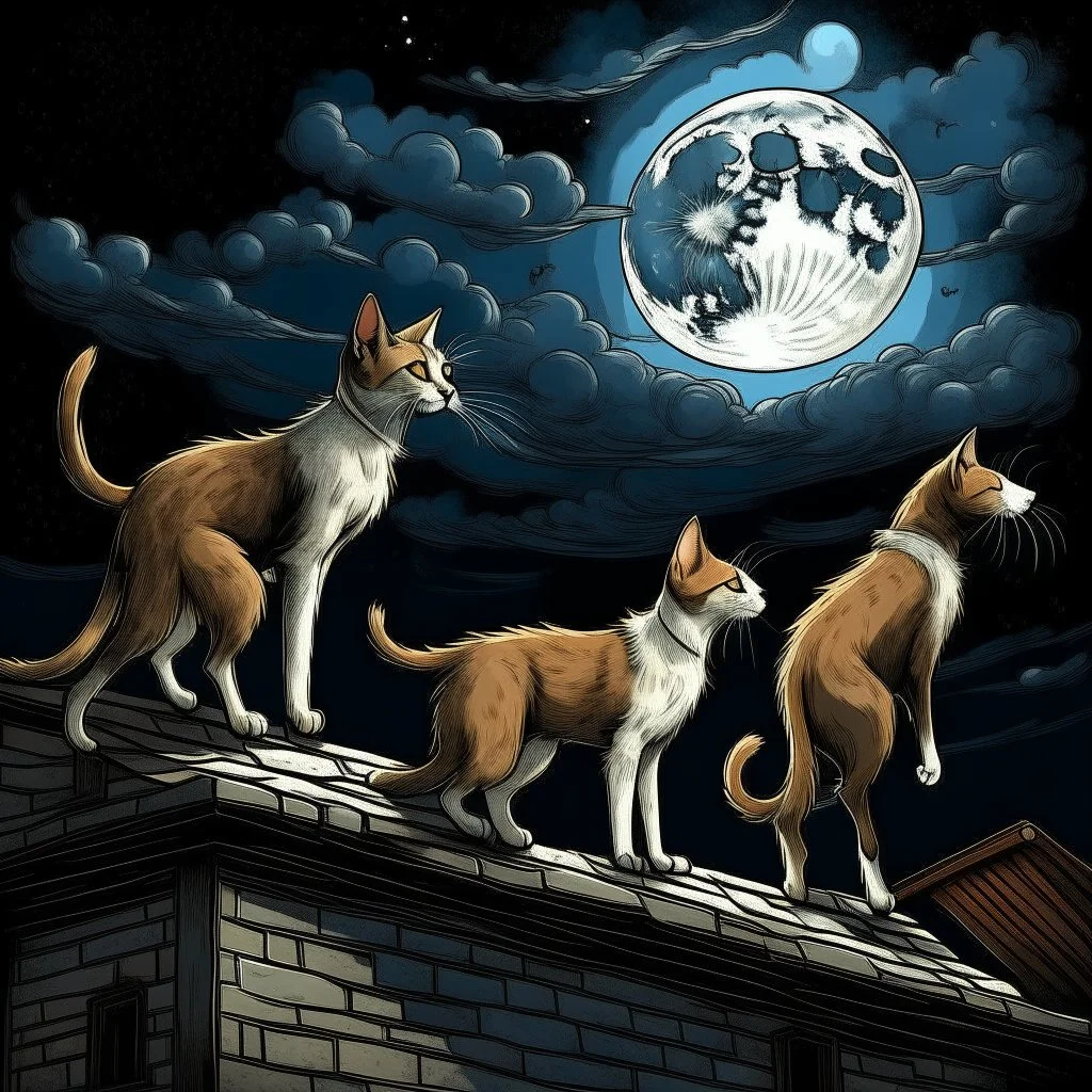 un gato saltando a un tejado en la noche y que se vea la luna luminosa de fondo, con perros mirando desde el suelo, no del tejado, al estilo Miguel Ángel.