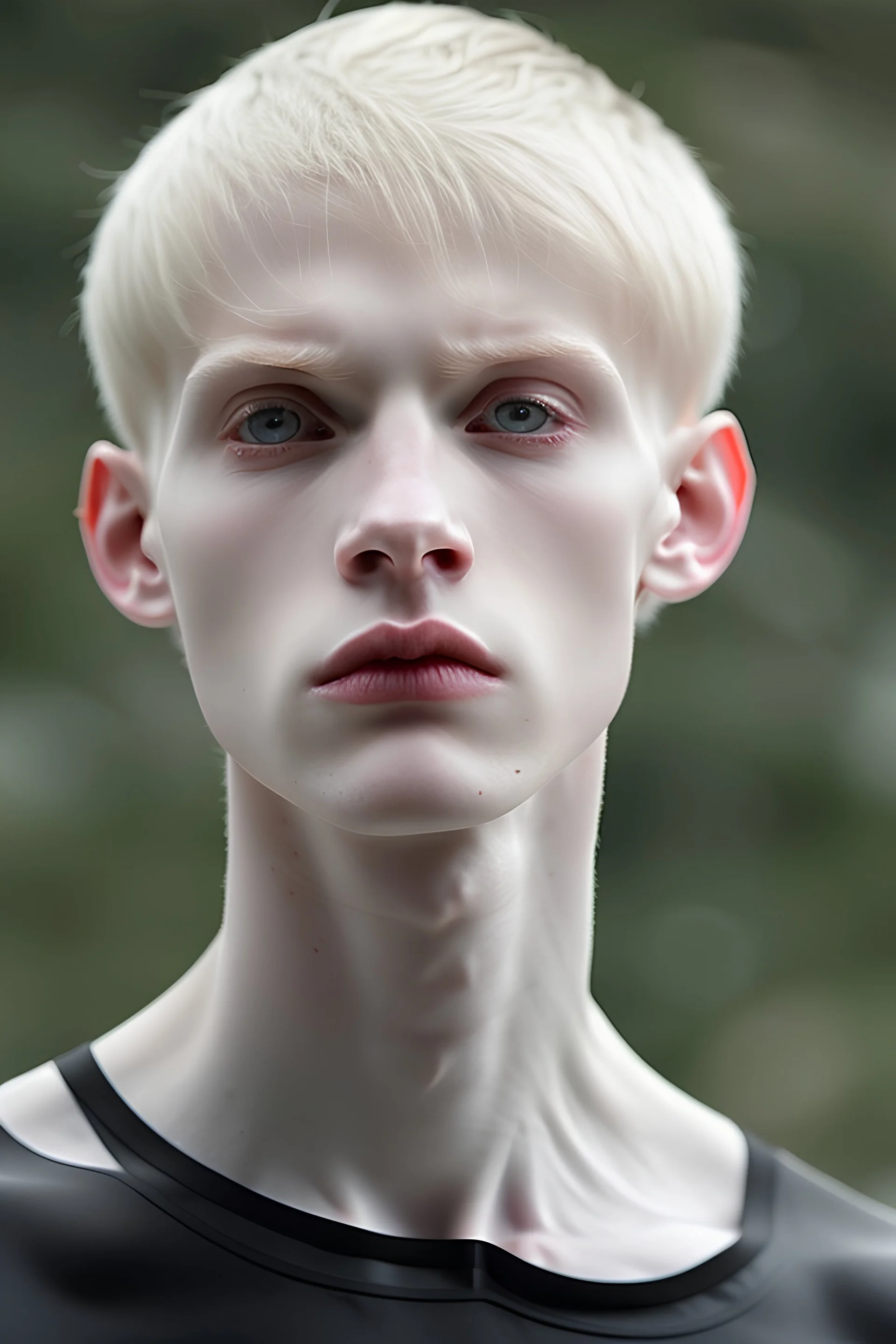 pale skin tone, black hair in a longish bowl cut with whisps in front of his ears, face is thin with high cheekbones and deep blue eyes. lean build that suggests he doesn't engage in a lot of physical activity. He is of average attractiveness with a boyish face.