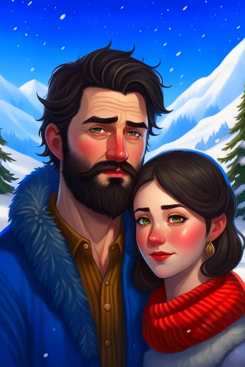 Mountain Christmas scene, dark haired couple, man with short black beard, blue eyes