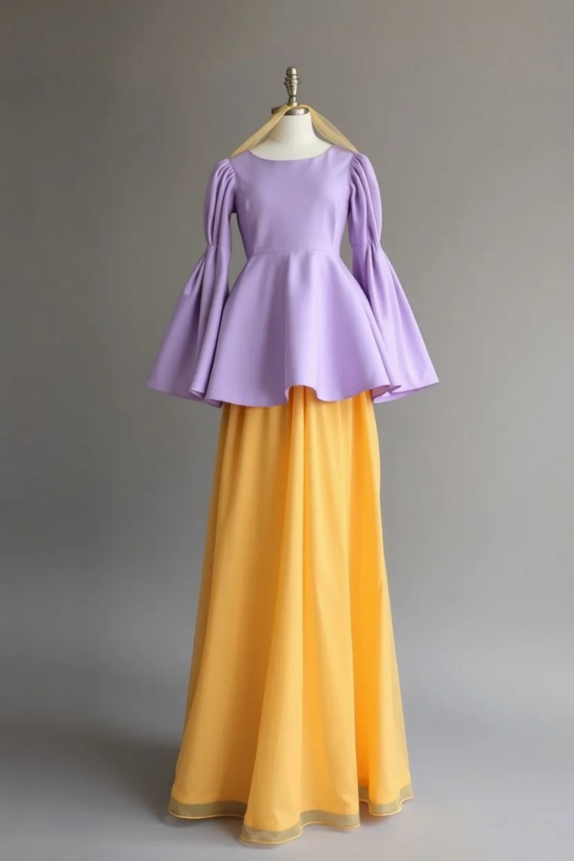 Нижнее платье более легкое золотого цвета. Поверх было второе платье блио сиреневого цвета, рукава в стиле рукава Марии.