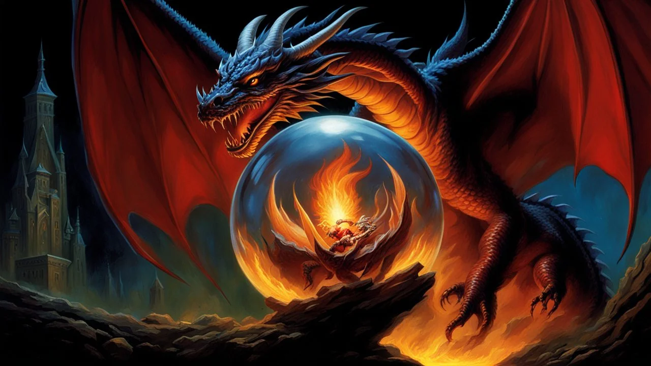 a dragon attacks a crystal ball glowing with magic fire. perfectly drawn claws. horror setting. painted by Jeff easley