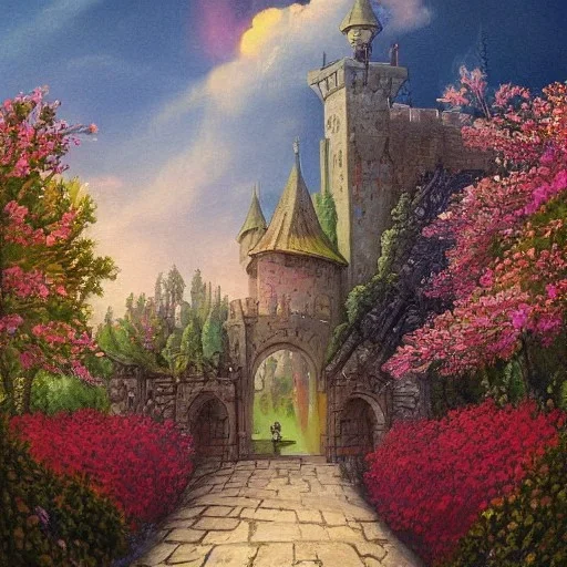  Castle into sky, with flowers of fire. Green clouds and birds. Shy girl going out of the main gate. Detailed painting, sharp color, medieval, intricate detail, far sceen, realistic colors, medieval concept art. spring.