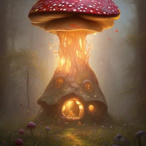 Patchwork,the large Amanita muscaria mushroom is a fairy home.dark masterpiece by savvas apterus.fantasy art by anna dittman.