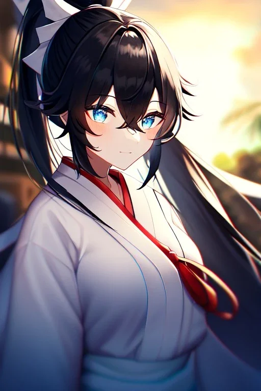 girl, masterpiece, best quality, cinematic lighting, detailed outfit, vibrant colors, perfect eyes, blue eyes, long hair, black hair, messy hair, hair between eyes, depth of field, ray tracing, miko, ponytail,