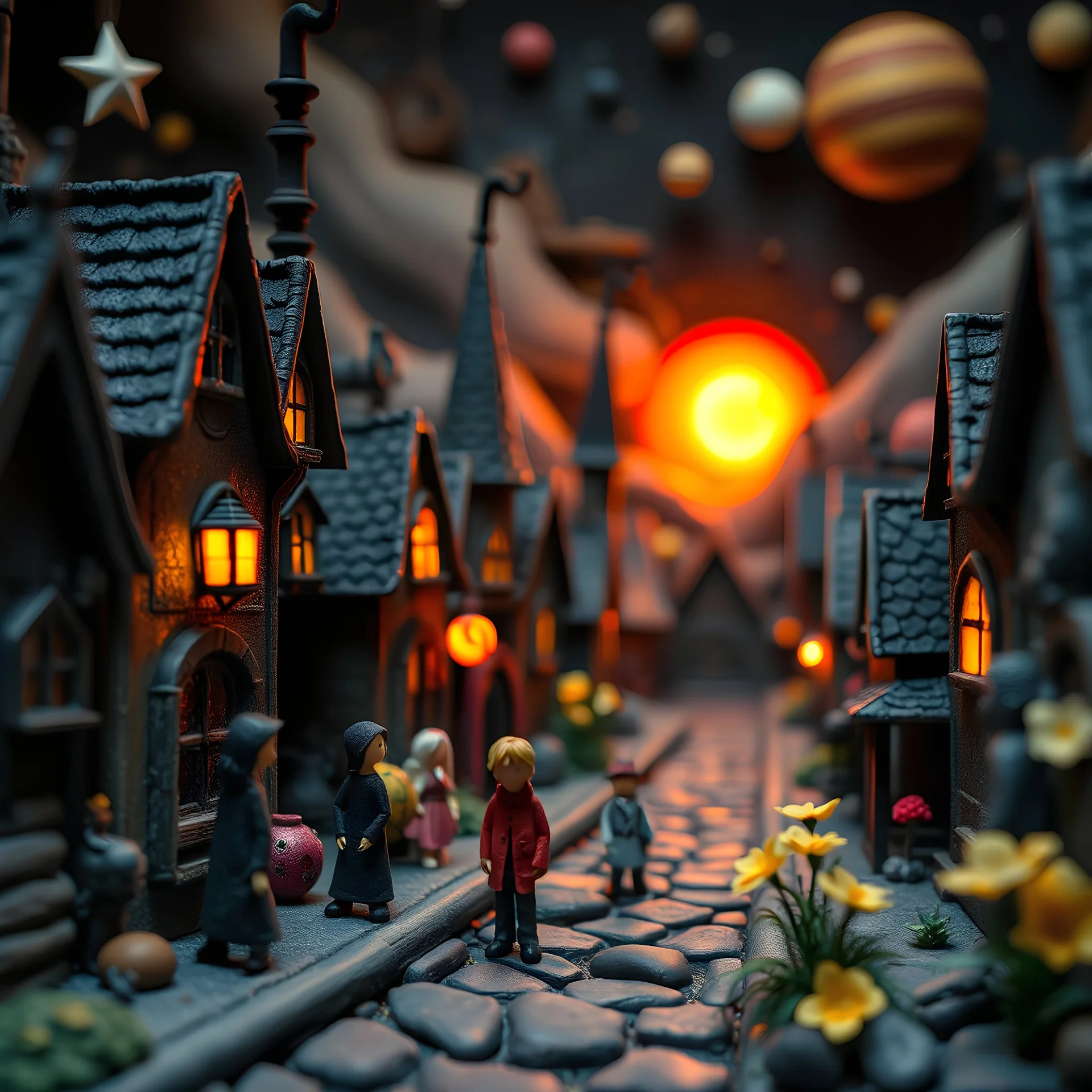 Detailed people, creepy street made of modeling clay and felt, village, stars, galaxy and planets, sun, volumetric light flowers, naïve, Tim Burton, strong texture, extreme detail, Yves Tanguy, decal, rich moody colors, sparkles, Harry Potter, bokeh, odd