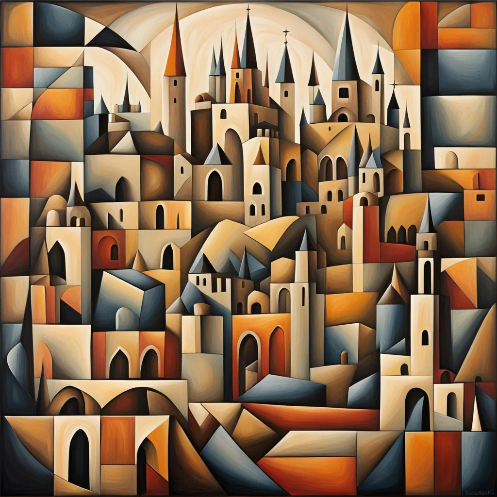 An abstract geometric painting depicting a landscape of an ancient medieval city with castles, towers, churches, vaults, culverts and bells in a very stylized and cubist way. The composition consists of various shapes, forms and geometric elements arranged to create the impression of buildings, structures and architectural elements in an urban landscape. The shapes and forms used in the painting are a combination of straight lines, angles, curves and circles, creating a sense of rhythm and mo