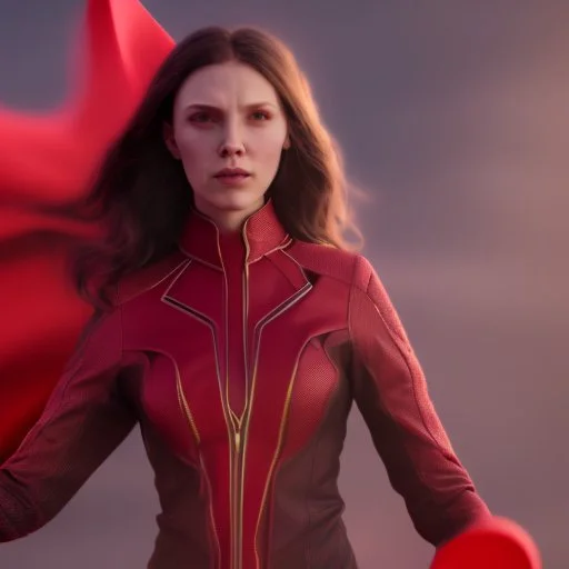 Wanda Maximoff, feiticeira escarlate usando traje vermelho de vestido, destruindo a realidade, governando o mundo, destruição, 4k render, dramático, cinematográfico, poderes